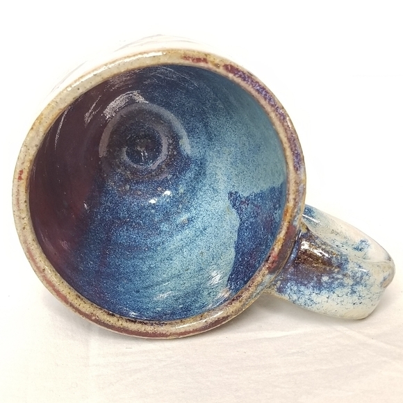Unique Rare Studio Art Pottery Blue Brown Red Coffee Tea Soup Mug,  Signed. - Picture 8 of 11